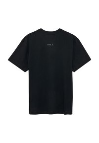 Schwarzes Baumwoll-T-Shirt, kurze Ärmel, Rundhalsausschnitt. Mit weißem "F.U.T."-Text auf dem oberen Rücken. Glatte Textur, lässiges Design.