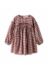 Blusa de cuadros rojos y crema con mangas largas abullonadas, cuerpo fruncido y escote redondo. Cierre en forma de ojales en la parte de atrás con botón forrado de tela.