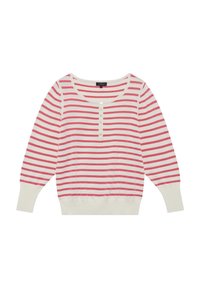 Raidallinen huppari vaaleanvalkoisena ja pinkkinä, pehmeää kangasta, pyöreä kaula-aukko, pitkät hihat, nappilista edessä, ribbaatut hihansuut ja helma.