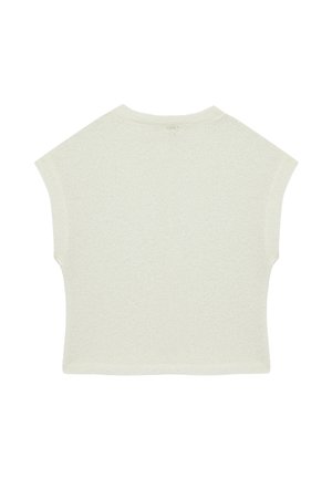Kurzärmeliges, off-white gestricktes Cropped-Top mit rundem Ausschnitt und geradem Saum, flach auf weißem Hintergrund dargestellt.