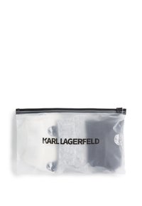 Borsa zip trasparente contenente tre paia di calzini: uno bianco, uno grigio e uno nero; presenta il logo "KARL LAGERFELD" in bold nero.