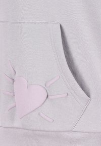 Light gray hoodie featuring a front pocket with a pink heart and sunbeam design, crafted from soft fabric with ribbed hem.