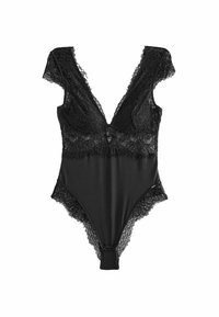 Body nero con profondo scollo a V, maniche a cappuccio in pizzo e fondo in satin con bordo in pizzo lungo i bordi. Senza chiusure visibili.