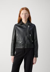 Marc O'Polo VINTAGE BIKER JACKET ZIPPER POCKETS SLITS ON SLEEVE HEM - Leather jacket - black