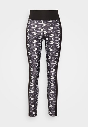 Leggings avec une taille haute noire, un tissu lisse avec un motif tourbillonnant gris et blanc, et des accents latéraux noirs.