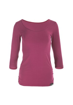 Long-sleeve top in deep berry color, made of soft fabric with a scoop neckline and gathered detailing at the sides.