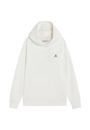Sudadera blanca con capucha y mangas largas, bolsillo tipo canguro en el frente y pequeño logo negro de calavera con huesos cruzados en el pecho izquierdo.