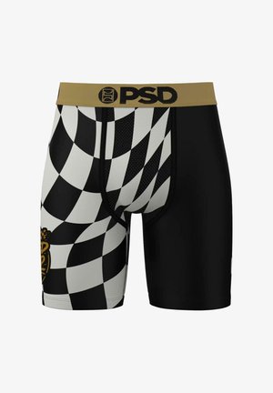 Schwarz-weiß kariertes Herren-Boxershorts-Design mit einem goldenen elastischen Bund, der das "PSD"-Logo trägt. Weiches, elastisches Material mit einer körpernahen Passform.