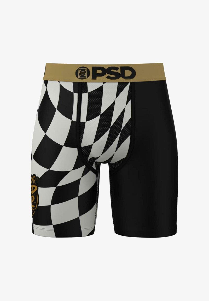 Černobílé kostkované pánské boxerky s elastickým zlatým páskem, na kterém je logo "PSD". Měkký, pružný materiál s přiléhavým střihem.