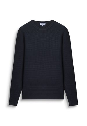 Navy blue textured knit crewneck sweater with long sleeves and ribbed cuffs and hem, size medium.