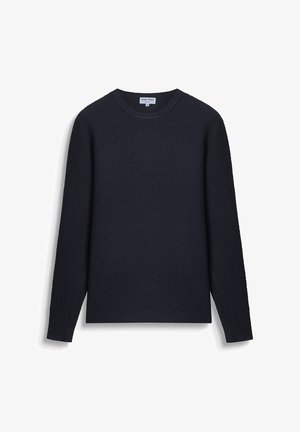 Marineblauwe gebreide crewneck trui met lange mouwen en ribgebreide manchetten en zoom, maat medium.