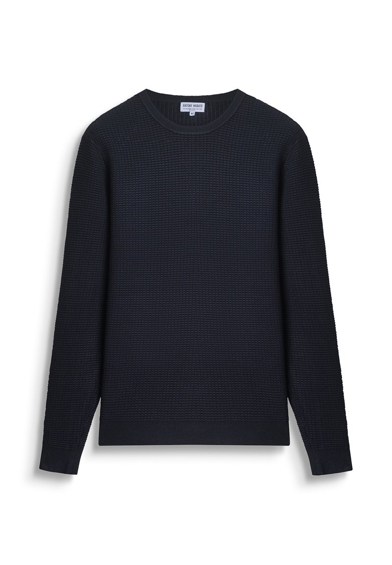 Maglione girocollo lavorato a maglia di un bel blu navy, con maniche lunghe e polsini e orlo a coste, taglia media.