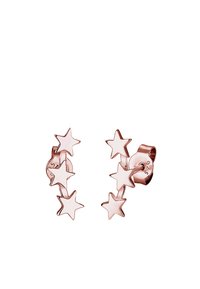 Boucles d'oreilles en or rose avec une ligne de cinq formes d'étoiles interconnectées, chacune avec une finition polie et une texture lisse.