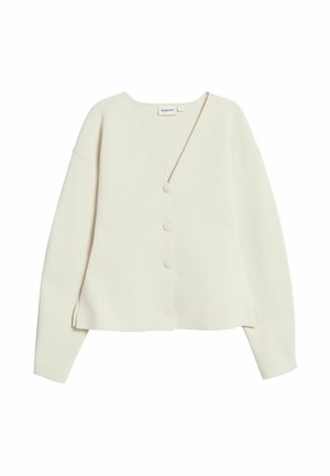 Cream-colored long-sleeve buttoned cardigan with V-neck and three fabric-covered buttons, labeled "Kappahl" size small.
