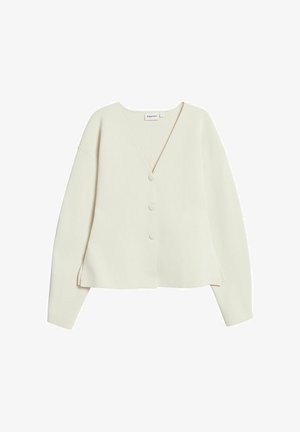 Crèmekleurige lange mouwen, knoopvest met V-hals en drie met stof beklede knopen, label "Kappahl" maat small.