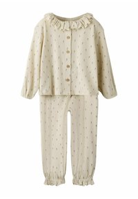Crème-kleurige geribde twee-delige set met een geschulpte kraag, knoopsluiting aan de voorkant en kleine bloemenpatronen op zowel het bovenstuk als de onderzijde, met elastische manchetten.
