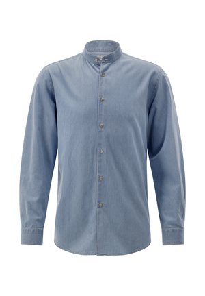 Hellblaues Langarmhemd mit Stehkragen und durchgehender Knopfleiste, hergestellt aus weichem Denim- oder Chambraystoff.