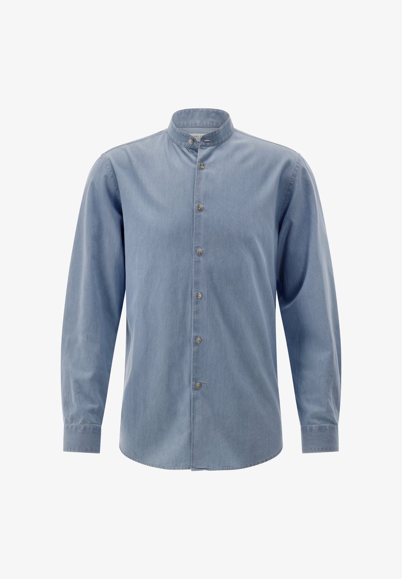 Hellblaues Langarmhemd mit Stehkragen und durchgehender Knopfleiste, hergestellt aus weichem Denim- oder Chambraystoff.