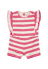 Combinaison rayée en beige et rose vif, avec des manches volantes et un col rond, fabriquée dans un tissu doux avec une finition texturée.