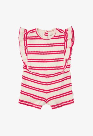 Combinaison rayée en beige et rose vif, avec des manches volantes et un col rond, fabriquée dans un tissu doux avec une finition texturée.
