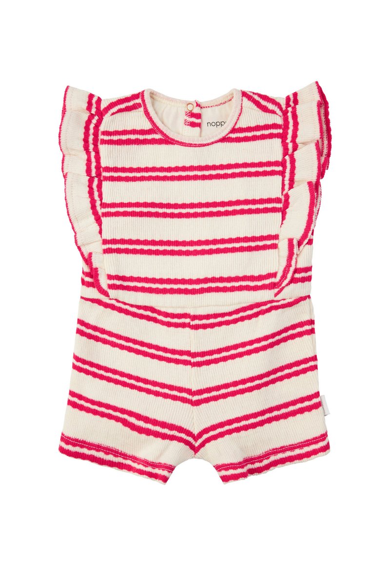 Combinaison rayée en beige et rose vif, avec des manches volantes et un col rond, fabriquée dans un tissu doux avec une finition texturée.