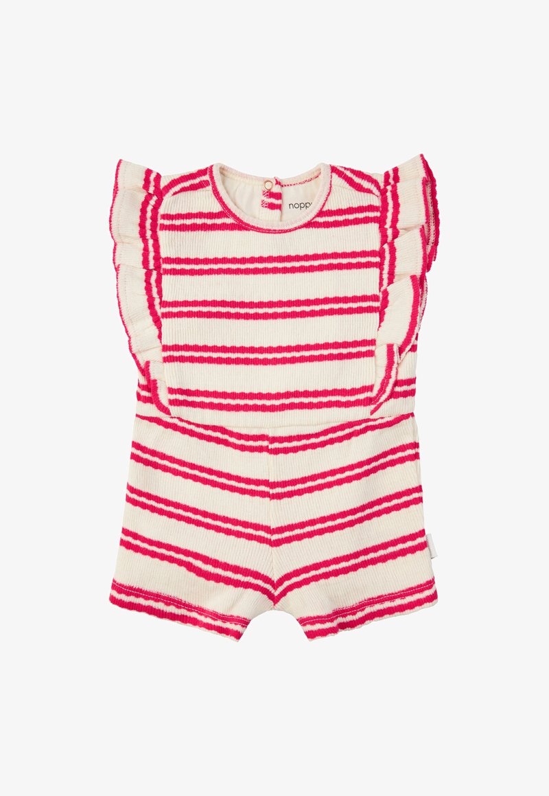 Combinaison rayée en beige et rose vif, avec des manches volantes et un col rond, fabriquée dans un tissu doux avec une finition texturée.