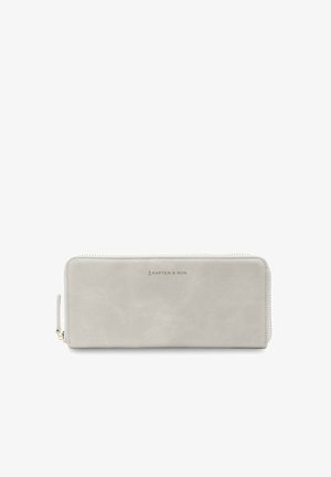Light gray synthetic leather wallet with a smooth texture, zip closure, and gold embossed brand logo on the front.