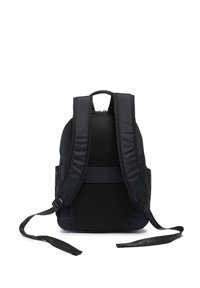 Zaino navy con schienale in rete imbottita, spallacci regolabili e scomparti con cerniera. Presenta un design elegante e aerodinamico e tessuto resistente.