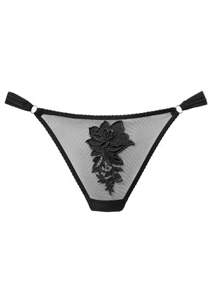 Black sheer thong with floral lace applique in front and gathered side straps with metal rings.