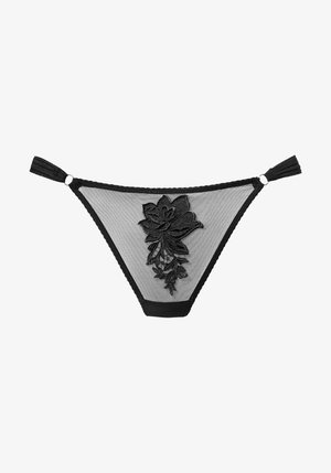 Black sheer thong with floral lace applique in front and gathered side straps with metal rings.