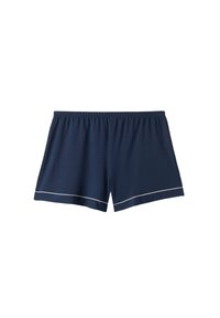 Navyblauwe shorts van zacht materiaal, met een elastische tailleband en witte piping langs de zoom. Klassiek, relaxed fit ontwerp.