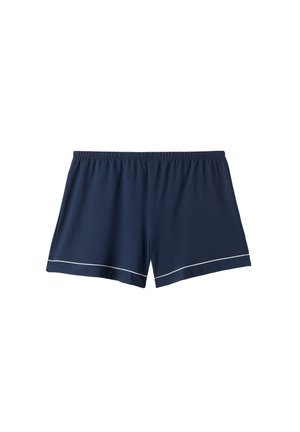 Navyblauwe shorts van zacht materiaal, met een elastische tailleband en witte piping langs de zoom. Klassiek, relaxed fit ontwerp.