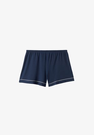 Marinblå shorts i mjukt tyg, med elastisk midja och vita detaljer längs fållen. Klassisk avslappnad passform.