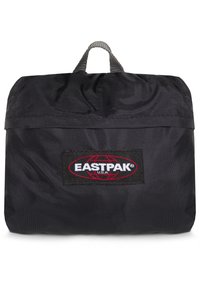 Mustan Eastpak-repun, joka on valmistettu kestävästä nailonista, pyöreä yläosa, litteä sulkeminen ja harmaa kahva. Logo-patch etupuolella.