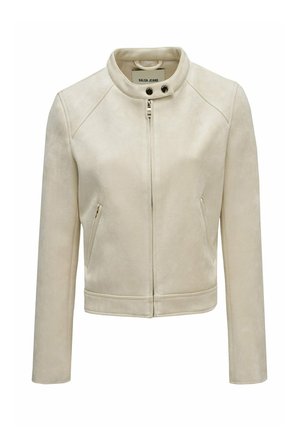 Chaqueta de ante color crema con cuello alto, cierre delantero de cremallera, dos bolsillos laterales con cremallera y dos botones a presión negros en el cuello.