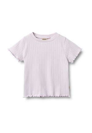 Hellviolettes, kurzärmeliges, geripptes Strickoberteil mit kleinen Lochmustern und gerüschten Kanten an Ärmeln und Saum.