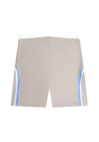 Shorts de sport beiges avec des bandes courbes bleu clair et blanc sur les côtés, ceinture plate et coupe genou.