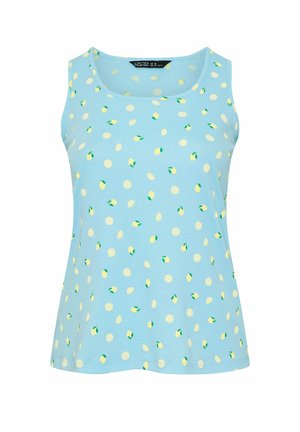 Jasnoniebieski top bez rękawów z okrągłym dekoltem, ozdobiony wzorem małych żółtych cytryn i zielonych liści.