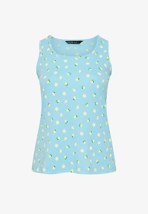 Jasnoniebieski top bez rękawów z okrągłym dekoltem, ozdobiony wzorem małych żółtych cytryn i zielonych liści.
