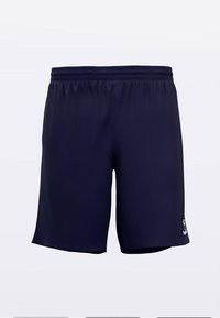 Pantaloni scurți sport bleumarin dintr-un material neted, cu talie elastică și un mic logo pe partea inferioară dreaptă.