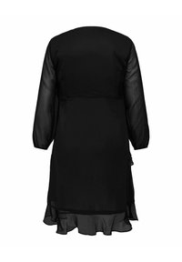 Czarna sukienka z długimi przezroczystymi rękawami, okrągłym dekoltem i falbaną u dołu. Wykonana z lekkiego materiału o zwiewnej sylwetce.