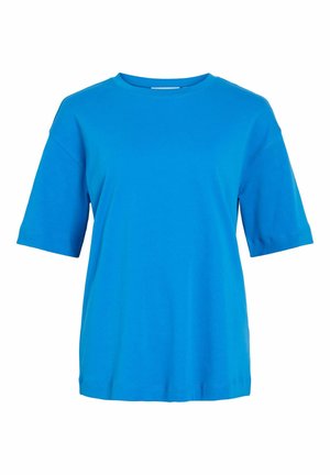 Läbipaistev sinine lühikeste varrukatega lai kaelusega T-särk valgel taustal.