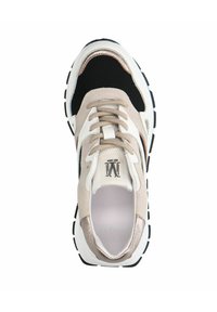 Shoe features a combination of black mesh, beige suede, and metallic accents. The design includes a rounded toe and a thick black sole.