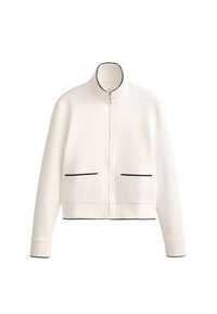White cropped jacket with zip closure, high collar, two front pockets with black trim, and ribbed cuffs, made from a smooth, textured fabric.