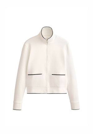 Witte cropped jacket met ritssluiting, hoge kraag, twee voorkeurszakken met zwarte bies en ribgebreide manchetten, gemaakt van een gladde, gestructureerde stof.