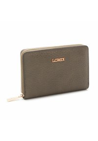 Olive-green leather wallet with a smooth texture, zip closure, and a gold-tone logo accent. Rectangular shape with a stitched edge.