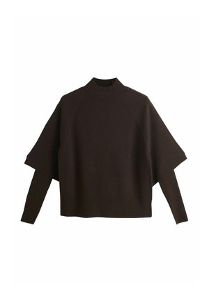 Tummanruskea neulottu paita, jossa korkea resorikaulus, lasketut lyhyet hihat pitkien resorihihojen päällä ja resorireuna.