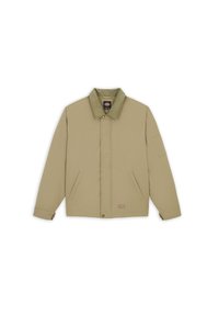 Tan jacket made of durable fabric, featuring a pointed collar, two front pockets, and button closure. Minimalist design and straight cut.