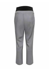 Pelēkas grūtniecības bikses ar melnu elastīgu jostu, taisnas kājas griezums, attēlotas no mugurpuses uz balta fona.