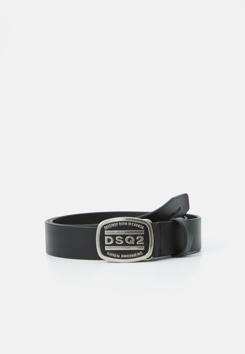 Black leather belt featuring a rectangular silver buckle with the embossed text "DSQ2" and "CATEN BROTHERS." Smooth texture and minimalist design.